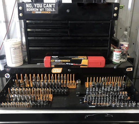 Three Piece Drive Socket Rack Set with Vertical Storage for One Quarter, Three Eighths and One Half Inch Metric Sockets displayed on tool chest