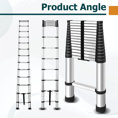 14.5 Ft Telescoping Aluminum Ladder For Home Or Outdoor Use, Foldable Portable Extension With 330 Lb Capacity, Easy Carry Strap, Compact Storage, Lightweight Yet Durable For DIY Projects And Everyday Tasks, shown extended and folded