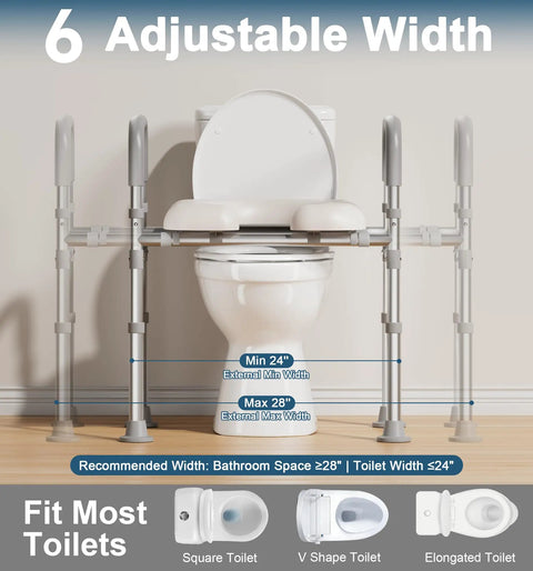 Heavy Duty Aluminum Raised Toilet Seat Riser For Seniors Featuring Dual Crossbar Handles Solid As Rock Four Leg Base Supports Up To 400 Pounds Hassle Free Bathroom Mobility Support Tool