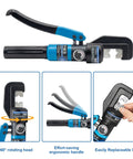 Heavy Duty 10 Ton Hydraulic Crimping Tool Kit With 13 Dies, showing rotating head, ergonomic handle, and replaceable dies.