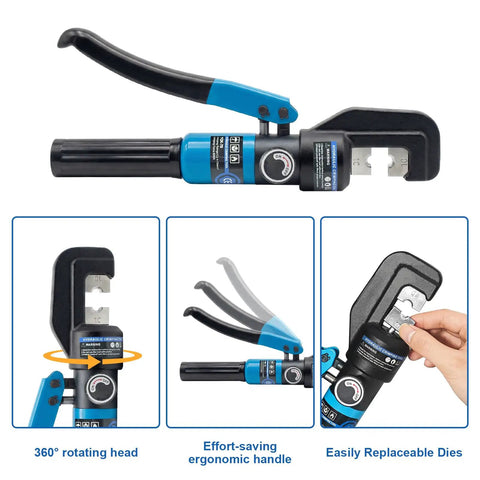 Heavy Duty 10 Ton Hydraulic Crimping Tool Kit With 13 Dies, showing rotating head, ergonomic handle, and replaceable dies.