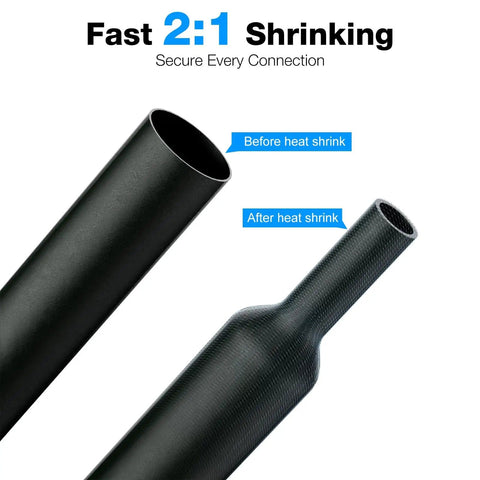 2:1 Heat Shrink Tubing Kit With 162Pcs In 9 Colors And 6 Sizes for DIYers, showing before and after shrink example.