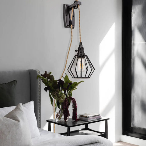 Two Pack Plug In Farmhouse Wall Sconces Set With Industrial Wheel Cage Shade In Black, 13ft Hemp Rope Cord installed in bedroom