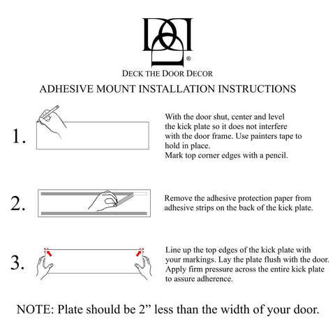 Top Shelf Door Push Plate With No Sweat 3m Adhesive Mount Hella Tough Anodized Aluminum Satin Black Finish Scratch Resistant Wall Guard Easy Install installation instructions with pencil and adhesive strips.