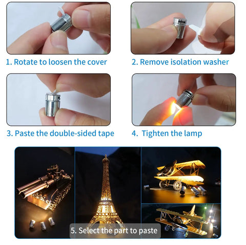 Tiny Battery Operated LED Spotlight Kit 10 Pack SMD Lamps for DIY crafts and miniatures with warm white glow installation steps