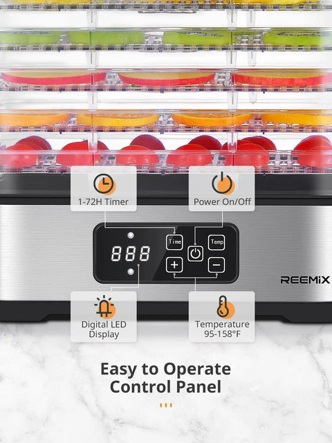 Totally Nifty Compact 5 Tier Food Dehydrator With Bpa Free Trays To Dry Sweet Fruits Crunchy Veggies Fresh Herbs And Tasty Homemade Jerky For Your Daily Kitchen Setup digital control panel with LED display and timer settings.