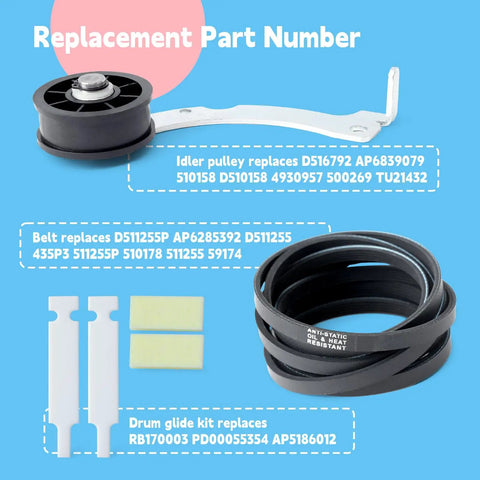 Speed Queen Dryer Rebuild Kit All In One With Roller Set RB170002, Idler Pulley D516792, Belt D511255P, Drum Glide Kit RB170003 close-up
