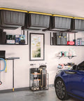 Garage Ceiling Tote Storage Rack With Adjustable Slide Rails For Four Bins, ceiling-mounted in a well-organized garage.