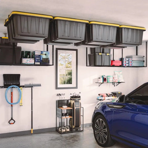 Garage Ceiling Tote Storage Rack With Adjustable Slide Rails For Four Bins, ceiling-mounted in a well-organized garage.