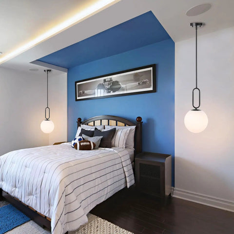 Bedroom with Industrial Pendant Lights Set Of 2 With Brushed Brass UFO Dome Shades And White Globe Glass Lamps For Kitchen Island