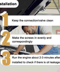 Mechanic installing a fuel pump with steps showing installation instructions.