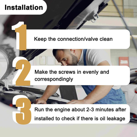 Mechanic installing a fuel pump with steps showing installation instructions.