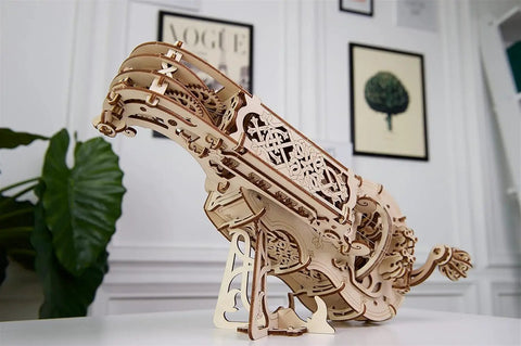 Hurdy Gurdy Mechanical 3D Wooden Model Kit With Hand Crank Functional DIY Musical Instrument For DIYers And Makers Two Strings Melody And Drone Realistic Gear Action 40 X 22 X 16.5 Cm Model 70030, assembled plywood side view