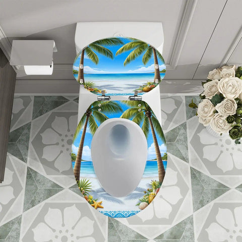 Elongated Toilet Seat Slow Close Quick Release Bathroom with beach design, fits standard toilets, 14.5" x 18.5" size.