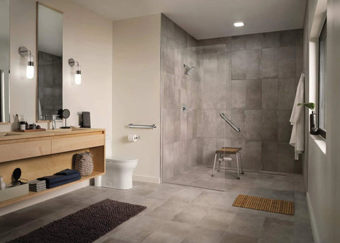 Modern bathroom with Heavy Duty Shower Seat With Built In Storage For Bathrooms, Adjustable Height From 7 To 21 Inches, stainless finish.