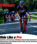 Cyclists racing on road, Triseven logo, greenery and guardrails, promoting bike gear for training and races, Ride Like a Pro.