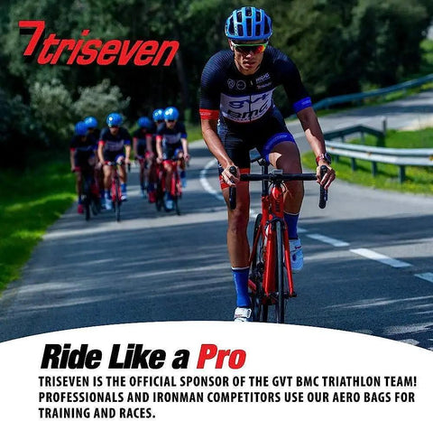 Cyclists racing on road, Triseven logo, greenery and guardrails, promoting bike gear for training and races, Ride Like a Pro.