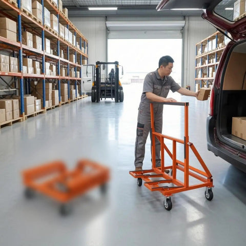 Folding Transport Cart Flatbed Hand Truck With Four Six Inch Swivel Casters Anti Slip Strips And Brake Control Sturdy Steel And Rubber Build For Hauling Heavy Boxes Groceries And Gear In Home Shop Or Garage orange steel cart being loaded at warehouse van