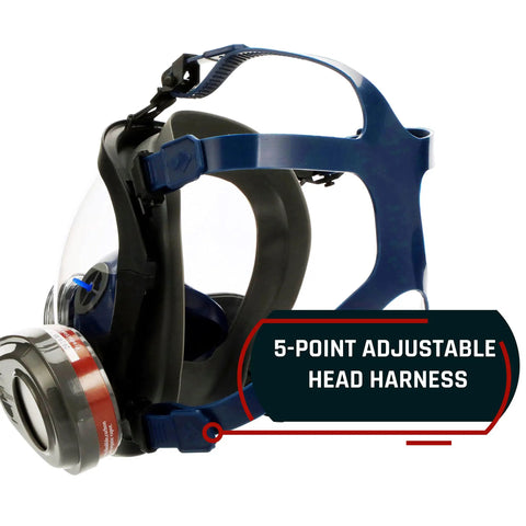Side view of Dope Full Face Respirator Mask For Wildfire Smoke And Poor Air Quality with dual charcoal filters, blue adjustable harness