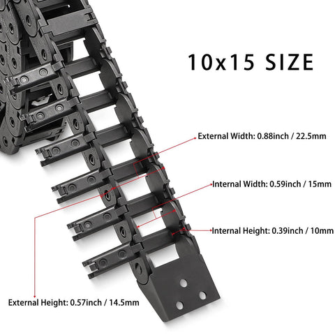 39.3 Inch Drag Chain Cable Open Type R18 10x15mm Inner 14.5x22.5mm Outer Heavy Duty Nylon PA66 Black For CNC Router Mill And 3D Printer Includes 1 Pair Connectors 9 Screws And Screwdriver