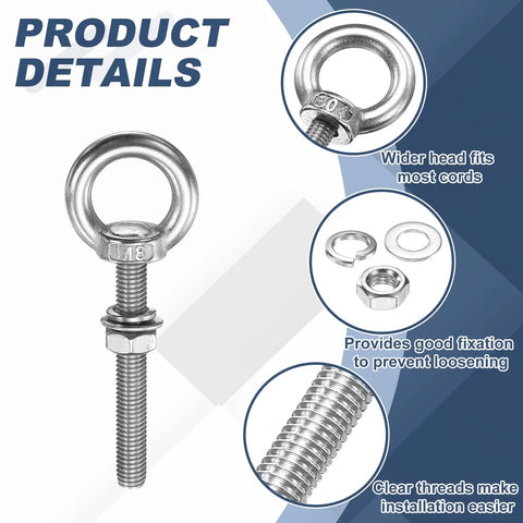 Heavy Duty M8 X 60mm Eye Bolts Set In 304 Stainless Steel With Lock Nuts And Flat Washers 2 Pack Lifting Eye Bolts For Hanging Hammocks