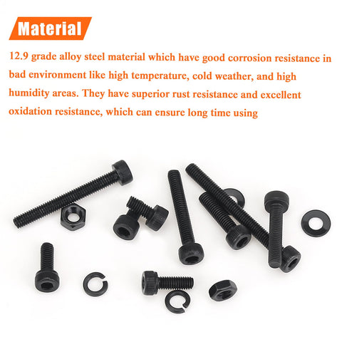 540 Piece M3 Hex Socket Head Cap Screws Kit With Nuts Washers In Black 6mm 8mm 12mm shown on white background
