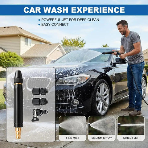 Man washing a car with Upgraded Beefed Up High Pressure Water Gun With Booster Nozzle For Home Cleaning And Car Wash Three Adjustable Spray Patterns Multi Function Spray Wand
