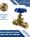 Half Inch Push Fit Stop Valve With Drain And Vent For Pex Copper CPVC PERT HDPE Brass Plumbing Fitting with blue handle