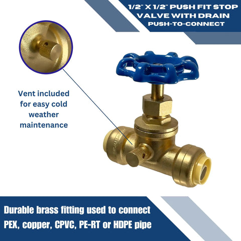 Half Inch Push Fit Stop Valve With Drain And Vent For Pex Copper CPVC PERT HDPE Brass Plumbing Fitting with blue handle