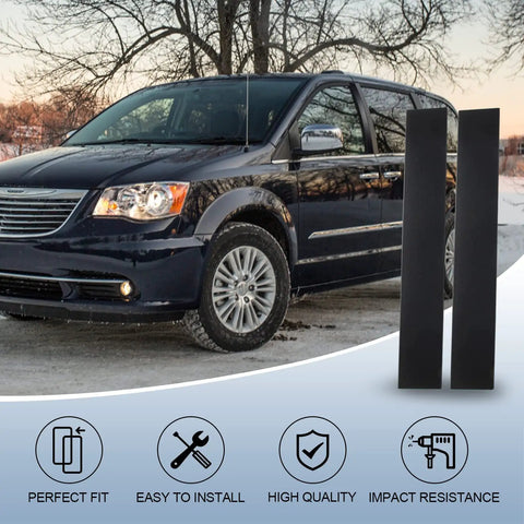 B Pillar Trim Door Molding For Front Passenger And Driver Side Outer Seal Compatible With 2008 2020 Dodge Grand Caravan And 2008 2016 Chrysler Town And Country Easy Install With No Tools And Strong Adhesive Tape Replacement Parts 5020664AA 5020665AA shown next to minivan