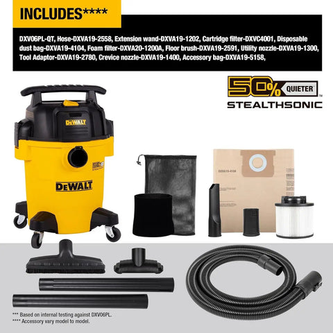 Pro Grade Stealthsonic 6 Gallon Wet Dry Shop Vacuum Ultra Quiet 4 Peak HP with accessories for quiet cleanup