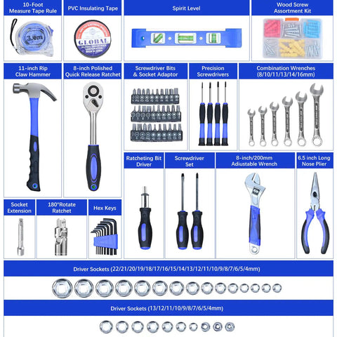 146 Piece Metric Home Tool Kit Set With Portable Toolbox For Homeowners, Diyers, And Handymen, Auto Repair Essentials featuring pliers, screwdrivers, ratchet, and sockets.