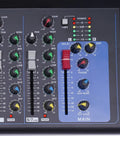 Close-up of controls on 7 Channel Bluetooth Portable DJ Mixer With USB Recording MP3 Input XLR Phantom Power 48V Multi Channel Sound Mixer Board.