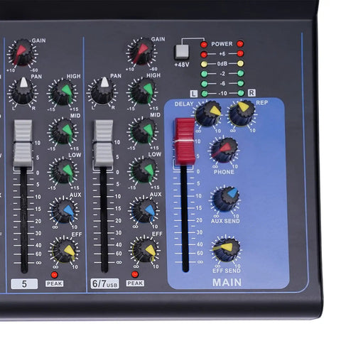 Close-up of controls on 7 Channel Bluetooth Portable DJ Mixer With USB Recording MP3 Input XLR Phantom Power 48V Multi Channel Sound Mixer Board.
