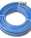 Badass 50 Foot Airless Paint Spray Hose Built Like A Tank For 8500 Psi High Pressure Handling With Ultra Flexible Dual Braided Nylon Core, coiled blue hose.