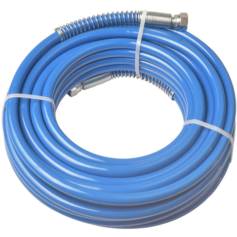 Badass 50 Foot Airless Paint Spray Hose Built Like A Tank For 8500 Psi High Pressure Handling With Ultra Flexible Dual Braided Nylon Core, coiled blue hose.