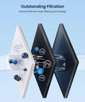 Glacier Fresh GE Opal ice maker filter with three-layer media panels (white, black mesh, blue) and water splash.