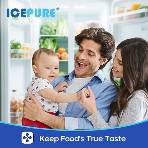 Family enjoying fresh air in front of fridge with Refrigerator Air Filter Replacement For LT120F LG And Kenmore Elite 469918.