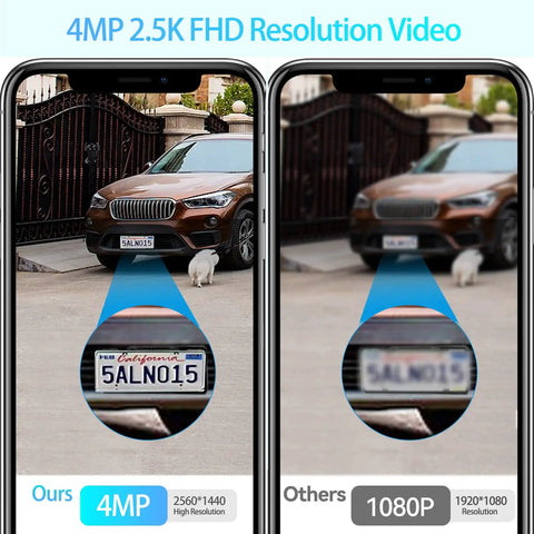 4MP Wifi Outdoor PTZ Security Camera clarity vs 1080p, showing license plate detail with 2.5K FHD resolution video.