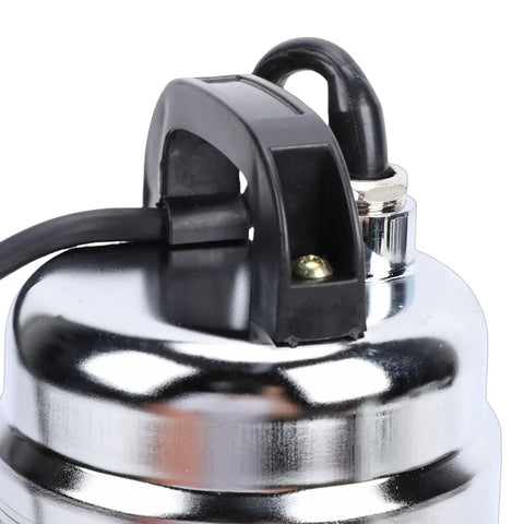 Close-up view of Heavy Duty Submersible Sump Pump With 180 Watt Motor And 26 Foot Cord 1 Inch Outlet showing stainless steel top and cord.