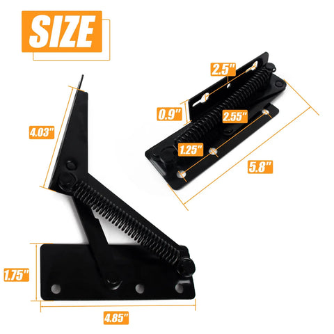 Black Heavy Duty Stainless Steel 80 Degree Foldable Lifting Brackets With Rock Solid Spring Action And Top Shelf Hardware Support For Cabinet Doors And Drawers Two Pack, size dimensions displayed.