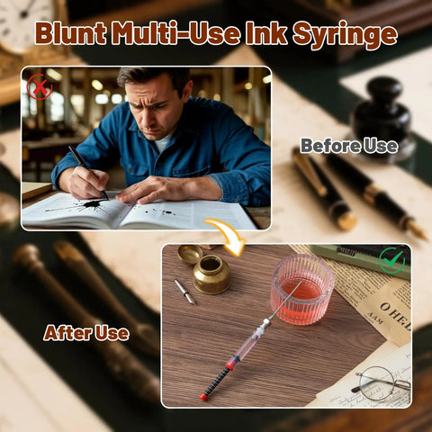 6 Pack Fountain Pen Ink Syringe Fillers With Storage Tube for mess-free refill and organized desk setup shown in use