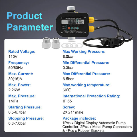 Smart Pump Controller With Dual Metal Connectors, BSPP G1 Threaded Interface, showing digital display, cables, and components.