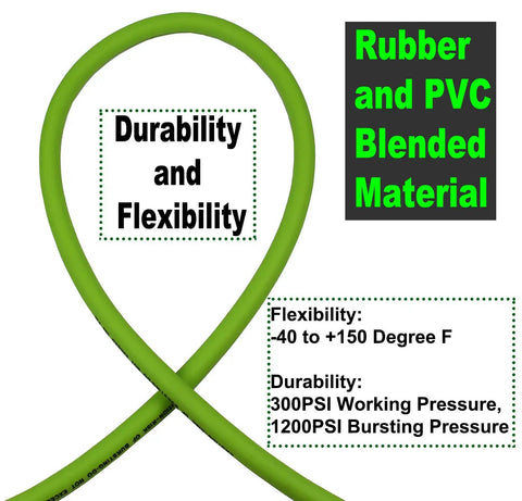 Beefy One Quarter Inch Air Hose showing durability and flexibility text, 100 foot long 300 PSI, green rubber PVC blend, kink resistant