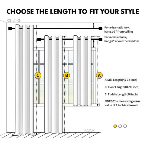 Diagram showing curtain lengths for dark gray blackout curtains for bedroom and living room, highlighting hanging options and dimensions.
