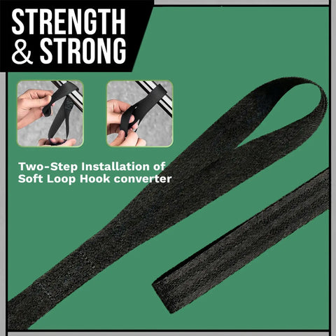 No Sweat Hauling Self Retracting Ratchet Straps 1500 Lb Break Strength 2 Pack showing soft loop hook converter with installation steps.