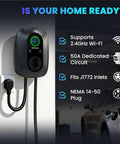 Level 2 EV Charger 40 Amp J1772 Wall Mounted Station With 25 Foot Cable Nema 14-50 Plug displayed on garage wall with vehicle