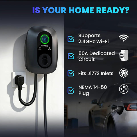 Level 2 EV Charger 40 Amp J1772 Wall Mounted Station With 25 Foot Cable Nema 14-50 Plug displayed on garage wall with vehicle