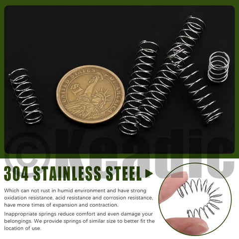 Mini Stainless Steel Extension Springs Kit 100 Piece Multipack with coin for size comparison; 8mm diameter, assorted lengths.