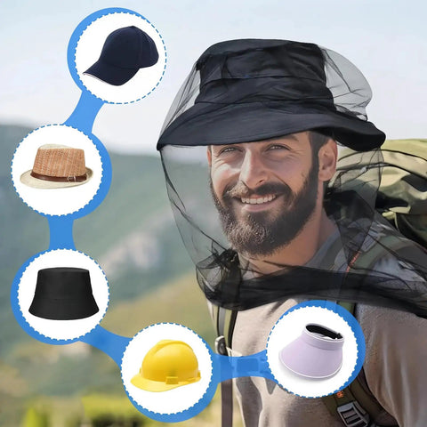 Man wearing Mosquito Head Net With Drawstring Extra Fine Mesh Breathable Shield For Camping Hiking Fishing Fits All Hats Men And Women Gray Lightweight See Through